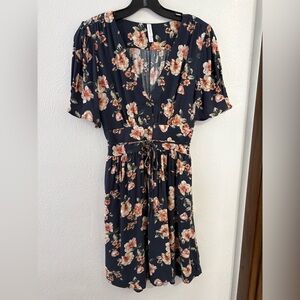 Xhilaration Black Floral Midi Dress with Tie Waist